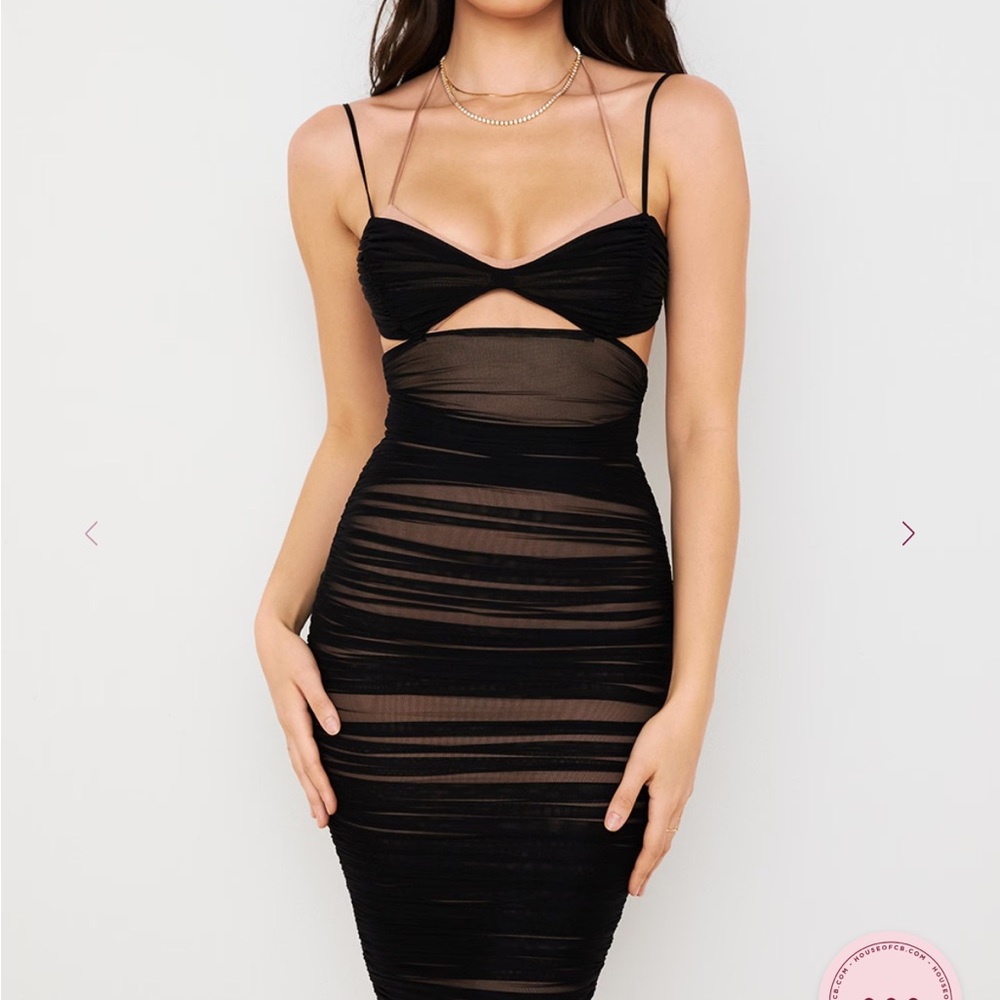 House of CB Tibi Black Cutout Ruched Midi Dress L